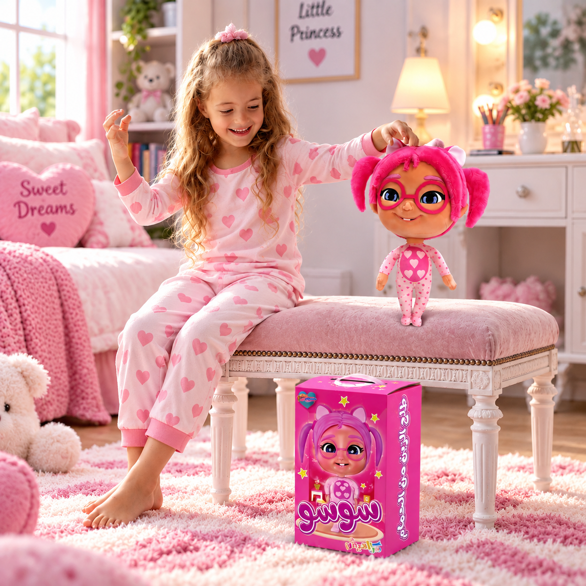 Soso plush doll: a girl playing with the doll beside its box