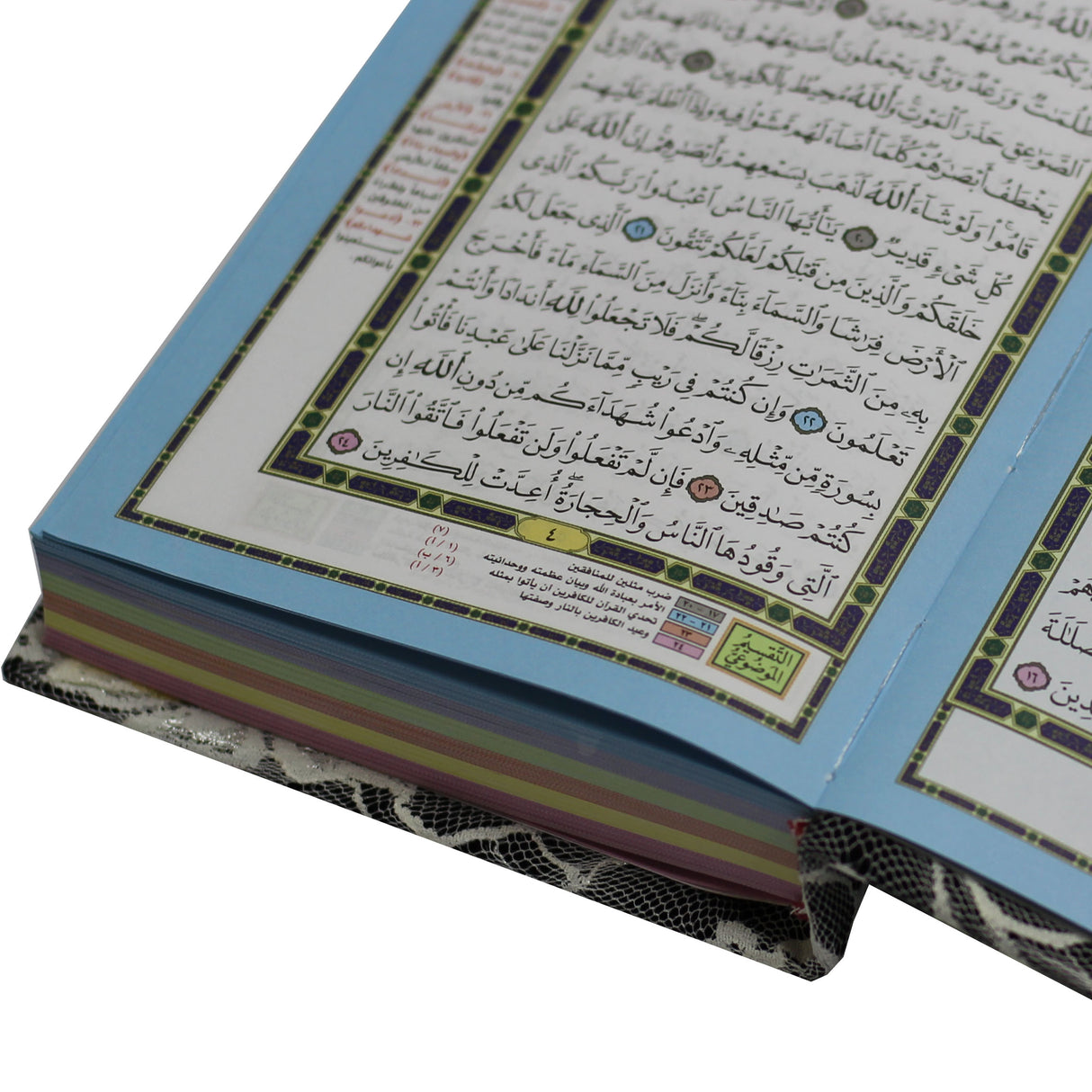 المصحف بالرسم العثماني وبهامشه التقسيم الموضوعي و التبيان لكلم المنان من تفسير السعدي. موضوعي ملون الأطراف دانتيل 17/12