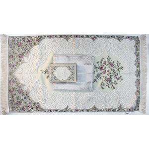 Sama prayer set: a dress, a carpet, and a Quran cover